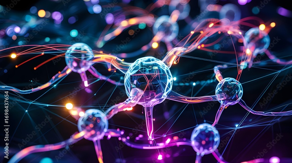 Poster closeup view of a glowing neural network with interconnected nodes and vibrant light trails, symboli