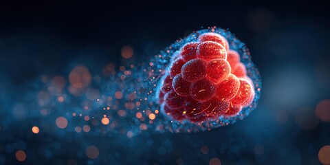 High quality photo of 3d holographic raspberry on a dark background with a bokeh effect.