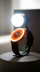 Illuminated Smartwatch: A stylish wrist device with a bright display and sleek band, poised on a gray base.