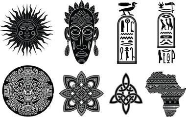 Tribal symbols vector set, African mask, Aztec calendar, Celtic knots, Egyptian cartouches, cultural heritage icons, ethnic art, black and white design