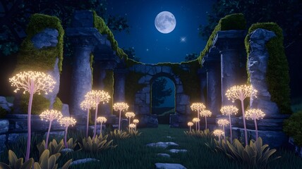 Obraz premium Enchanting fantasy landscape at night with a full moon illuminating ancient ruins and glowing flora, creating a magical and mystical atmosphere