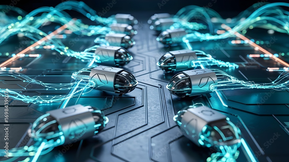 Poster futuristic digital circuit board with glowing blue data streams connecting to multiple processors, r
