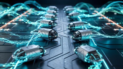 Futuristic digital circuit board with glowing blue data streams connecting to multiple processors, representing advanced technology and artificial intelligence