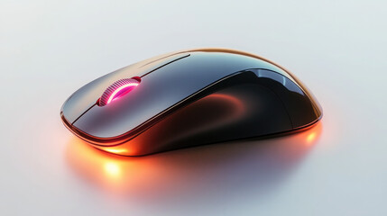 Glossy Black Gaming Mouse with Pink Scroll Wheel and Orange Base Light on White Background