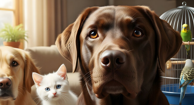 A charming gathering of pets including a golden retriever labrador kitten and parakeets enjoying