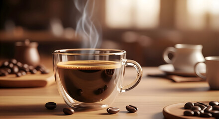 Fototapeta premium Aromatic cappuccino on wooden table, perfect for coffee lovers and cafe scenes with warm lighting, close up shot reveals creamy texture