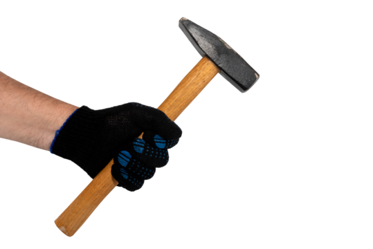 Hand in gloves holding a hammer on a white background. Hammer isolate. Tool