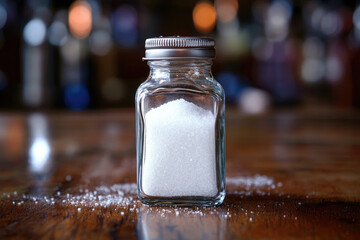 Clear Glass Salt Shaker with Metallic Lid on Wooden Surface in Kitchen Setting