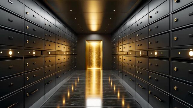 Endless hallway of secure safety deposit boxes inside illuminated modern bank vault with golden glowing door at end