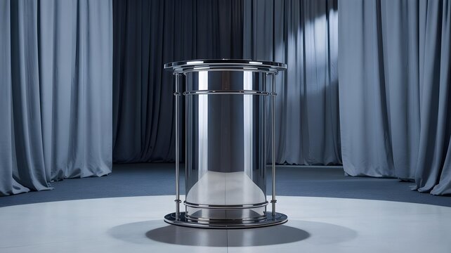 A futuristic metallic cylindrical chamber with a white substance inside, displayed on a circular stage with draped curtains in the background - Powered by Adobe