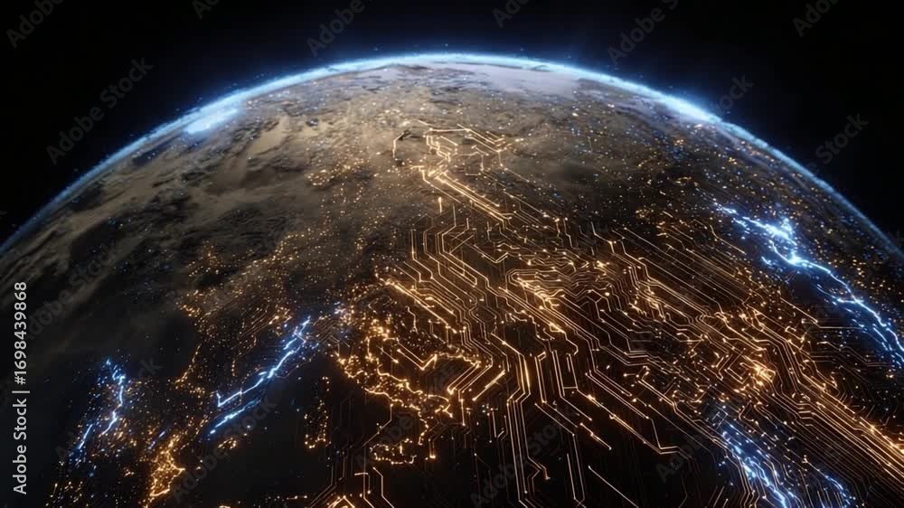 Poster global connectivity: a captivating digital rendering of planet earth, interwoven with glowing circui