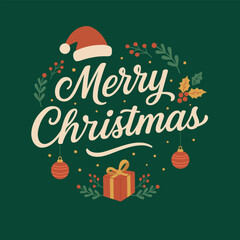 Christmas illustration, Merry Christmas lettering, Christmas elements, gift, wreath, Christmas balls, Santa hat. Green, red, yellow