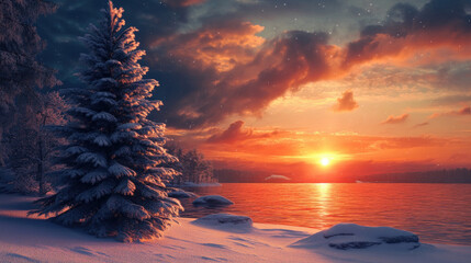 Snow-Covered Tree by Frozen Lake at Sunset with Vibrant Sky and Winter Landscape