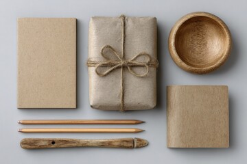 Overhead view of a rustic gift box with twine notebook pencils and a decorative bowl