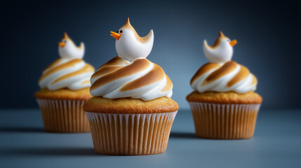 Delicious cupcakes with toasted meringue bird toppers in warm colors for parties