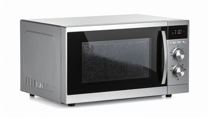 Fototapeta premium Modern stainless steel microwave oven with digital timer compact kitchen appliance isolated on white background 