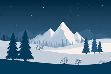 Night winter landscape. Vector illustration of mountain landscape. Winter snowy landscape with beautiful mountains, pine trees and night starry sky. Christmas nature for background.