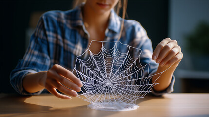 Person holding delicate web against table