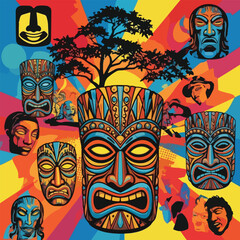 Obraz premium Colorful tiki mask collage with vibrant background and tree silhouette.