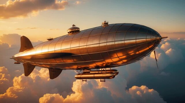 Majestic golden airship flying high above dramatic clouds with sunlight creating cinematic steampunk inspired atmosphere