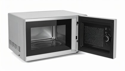 Modern stainless steel microwave oven with digital timer compact kitchen appliance isolated on white background
