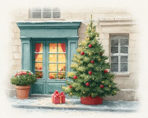 Fototapeta premium Festive christmas scene with tree doorway and presents cozy urban setting watercolor artwork holiday spirit