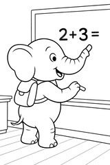 Elephant student writing math problem on classroom board, line art. Animal coloring page
