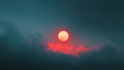 Dramatic Red Sun Emerging Through Dark Moody Clouds at Dusk.