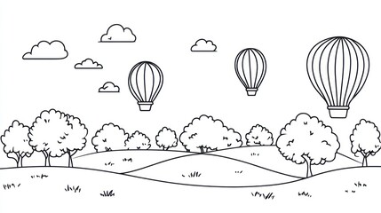 Simple line art hot air balloons landscape