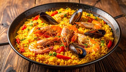 Authentic Spanish Cuisine &ndash; Colorful Paella in Large Pan