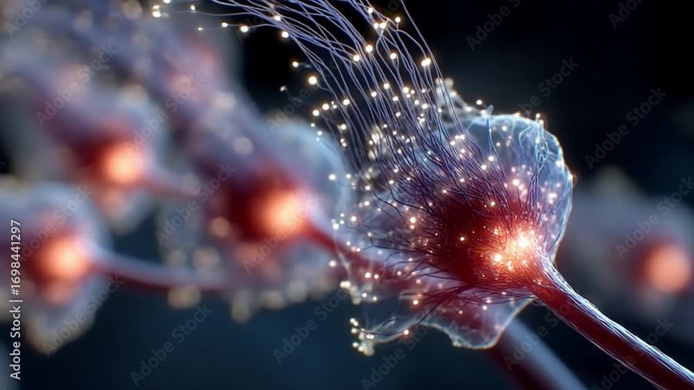 Poster nerve cell: dynamic 3d rendering of a nerve cell, highlighting intricate biological structures and e