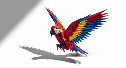 Obraz premium Vibrant Origami Macaw in Flight, Casting a Sharp, Jagged Shadow on a White Surface.