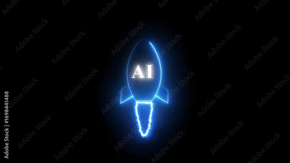 Aufkleber ai-powered startup launch, futuristic rocket with neon glow and ai symbol for technology venture and