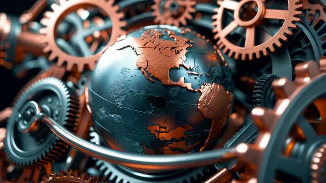 Bronze metallic globe surrounded by rotating gears and mechanical cogs symbolizing industrial global system machinery