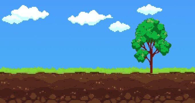 Landscape with trees and sky. Animation of old style pixel game. Pixel art game background. Design 8 bit video vector