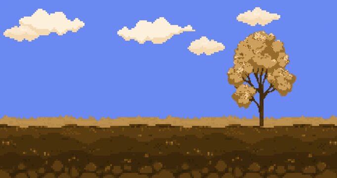 Landscape with trees and sky. Animation of old style pixel game. Pixel art game background. Design 8 bit video vector