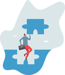 Complete jigsaw puzzle to solve business problem, solution or connection for business achievement, challenge and accomplishment.about a man and his life.