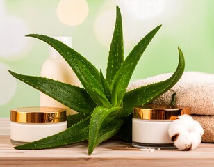 Aloe vera skincare products on a wooden surface with towels and cotton