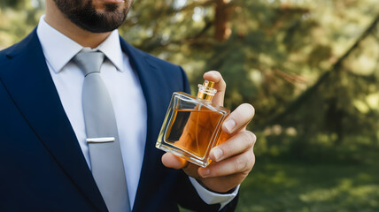 Gentleman's Essence: An elegant portrayal of a man meticulously applying perfume, his refined style and classic grooming, emphasizing the essence of sophistication and fragrance.