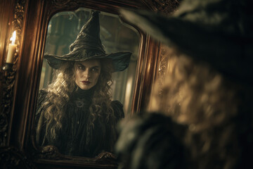 You’re Boo-Tiful! A Creative Portrait Of A Young Witch Admiring Her Eerie Reflection In An Ornate Mirror.