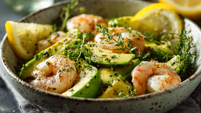 Close-up of a fresh shrimp and avocado salad in a ceramic bowl garnished with lemon wedges and herbs realistic mouth-watering photo - Powered by Adobe