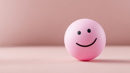 Smiley emoji pink ball minimal happy pastel face sphere cute cheerful round smile on soft pastel pink background, minimal composition with copy space, playful mood and clean studio lighting