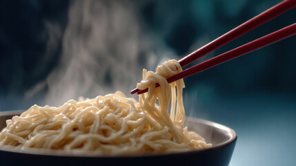 Steaming noodles chopsticks hot soup ramen comfort food Asian cuisine bowl red chopsticks savory closeup savoring warmth and appetite