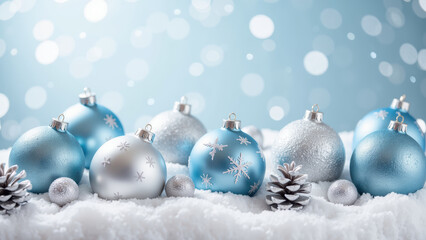 Shiny blue and silver Christmas ornaments with snowflakes, surrounded by pine cones, create festive winter scene
