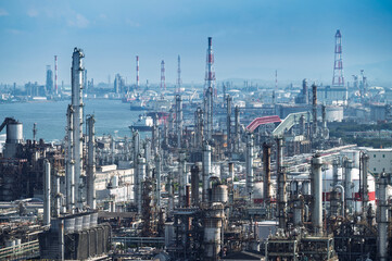 equipment of gas oil refining plant in Japan industrial factory area with blue sky background view, Japan.