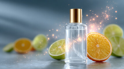 Citrus transparent serum bottle double exposure orange lemon lime sparkle transparent serum bottle with double exposure citrus slices, soft bokeh, and golden sparkle light glossy surface