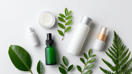 Green glass dropper white lotion bottle face cream jar serum pump botanical leaves fern minimal clean natural skincare spa vibe on white background with fresh green foliage, soothing and pure mood
