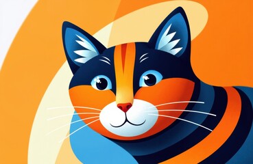Colorful cartoon cat with bright blue eyes and orange-black striped fur on vibrant background