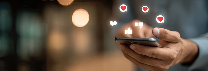 Person holding smartphone with social media icons floating above.