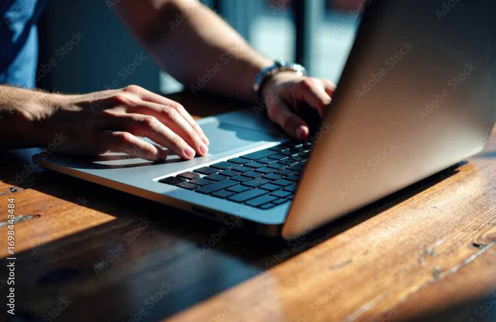 Poster person typing on a laptop with hands resting on the keyboard and a wooden table surface
